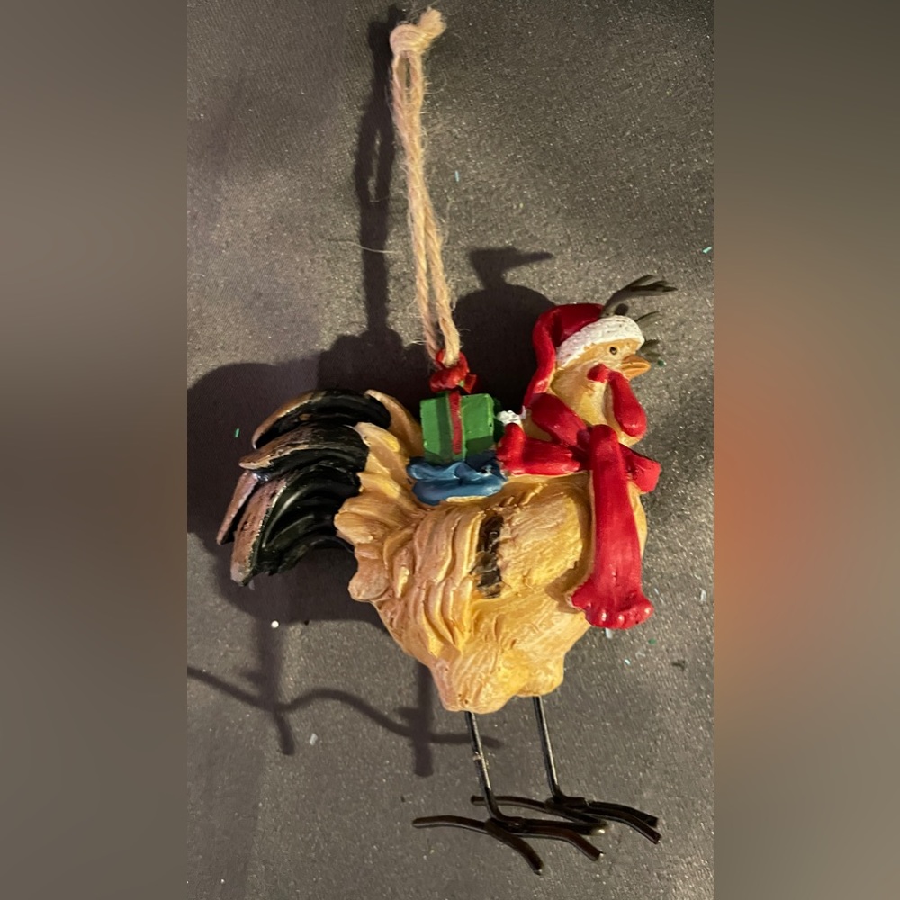 Rooster with Antlers and Gifts Christmas Ornament, 4” tall, Like new